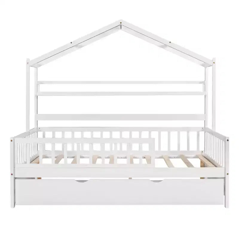 Lit maison en bois de taille double avec lit gigogne simple, lit pour enfants avec étagère, blanc