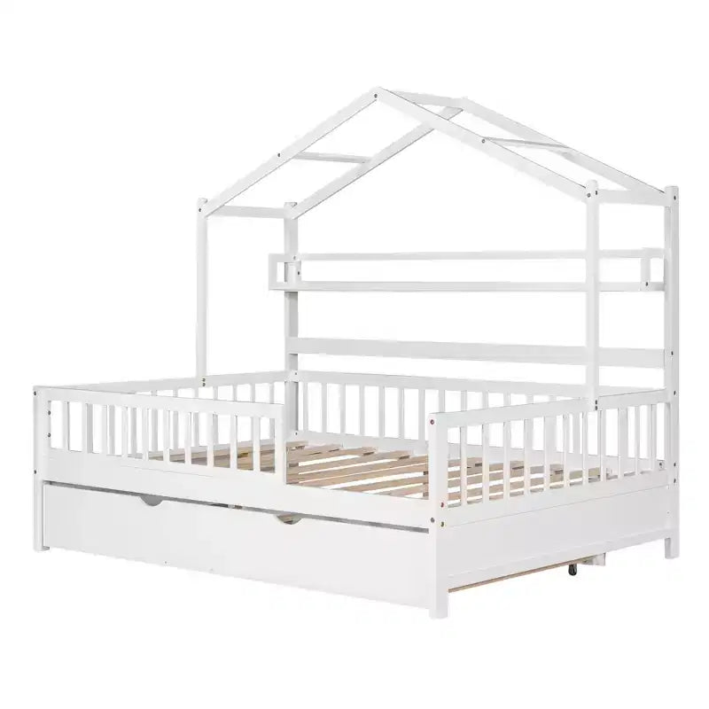 Lit maison en bois de taille double avec lit gigogne simple, lit pour enfants avec étagère, blanc