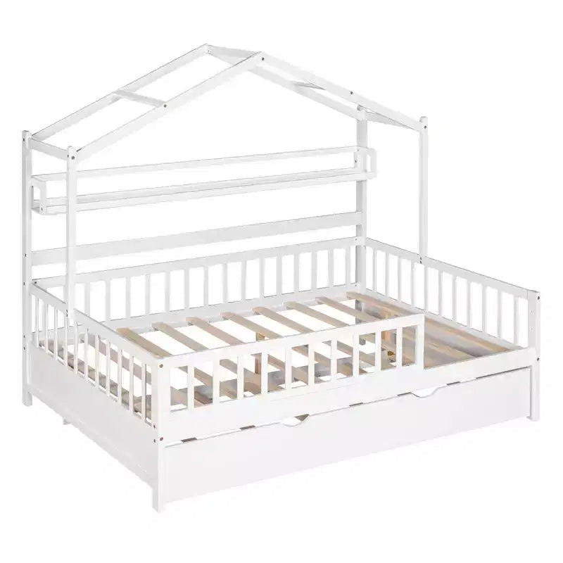 Lit maison en bois de taille double avec lit gigogne simple, lit pour enfants avec étagère, blanc