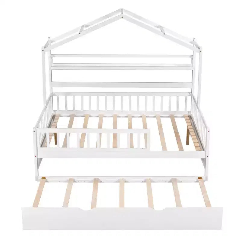 Lit maison en bois de taille double avec lit gigogne simple, lit pour enfants avec étagère, blanc