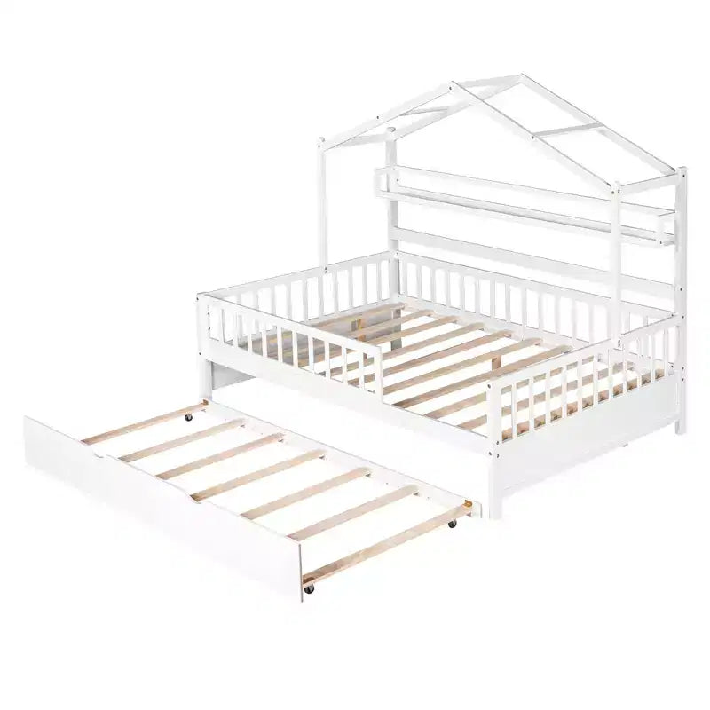 Lit maison en bois de taille double avec lit gigogne simple, lit pour enfants avec étagère, blanc