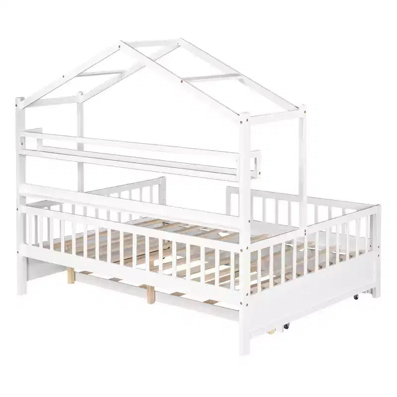Lit maison en bois de taille double avec lit gigogne simple, lit pour enfants avec étagère, blanc