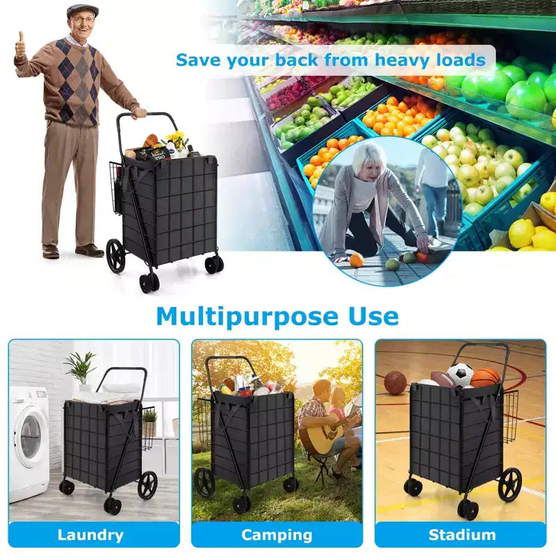 Chariot de courses utilitaire pliable avec double panier et doublure résistante à l'eau
