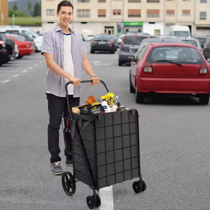 Chariot de courses utilitaire pliable avec double panier et doublure résistante à l'eau