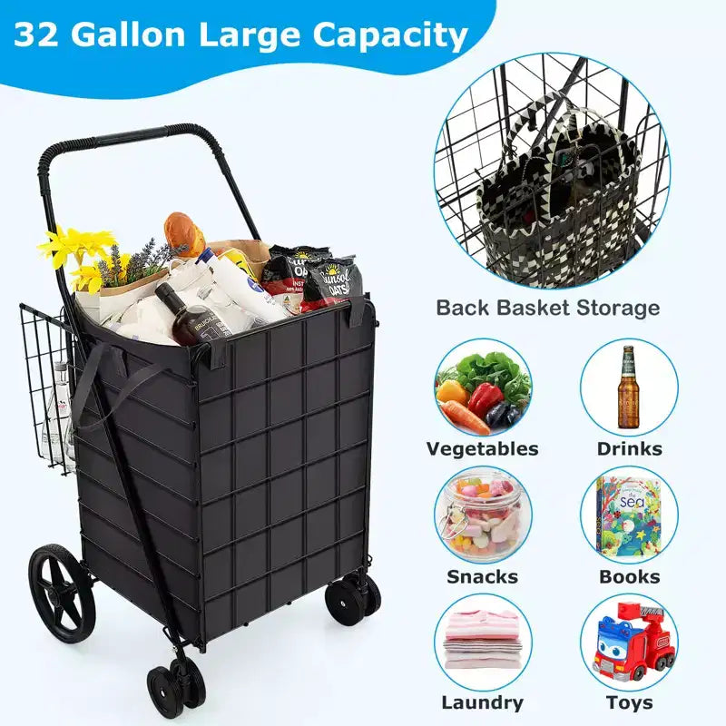Chariot de courses utilitaire pliable avec double panier et doublure résistante à l'eau