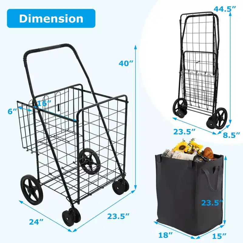 Chariot de courses utilitaire pliable avec double panier et doublure résistante à l'eau