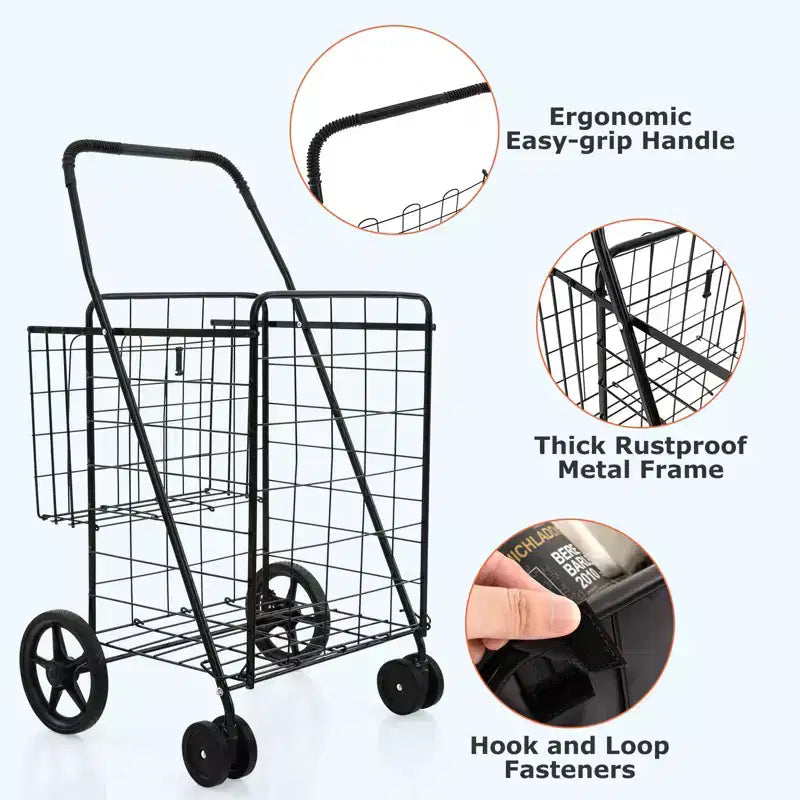 Chariot de courses utilitaire pliable avec double panier et doublure résistante à l'eau