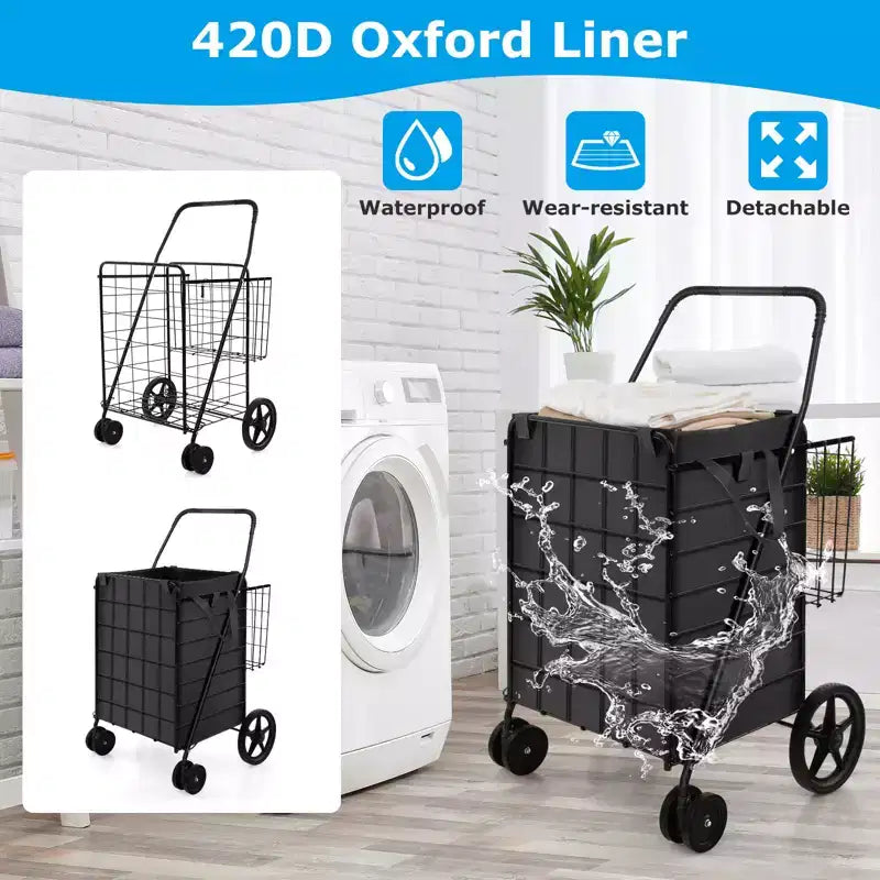Chariot de courses utilitaire pliable avec double panier et doublure résistante à l'eau
