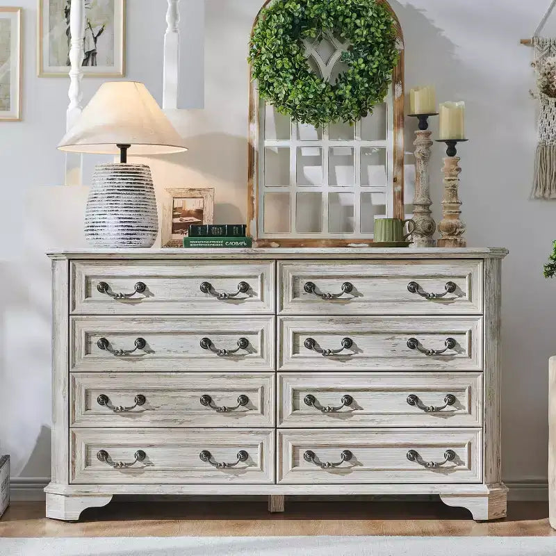 BALHAM TRADE-54 Wide Farmhouse 8 Drawers Wood Rustic Dresser with Natural Texture Vintage Design
