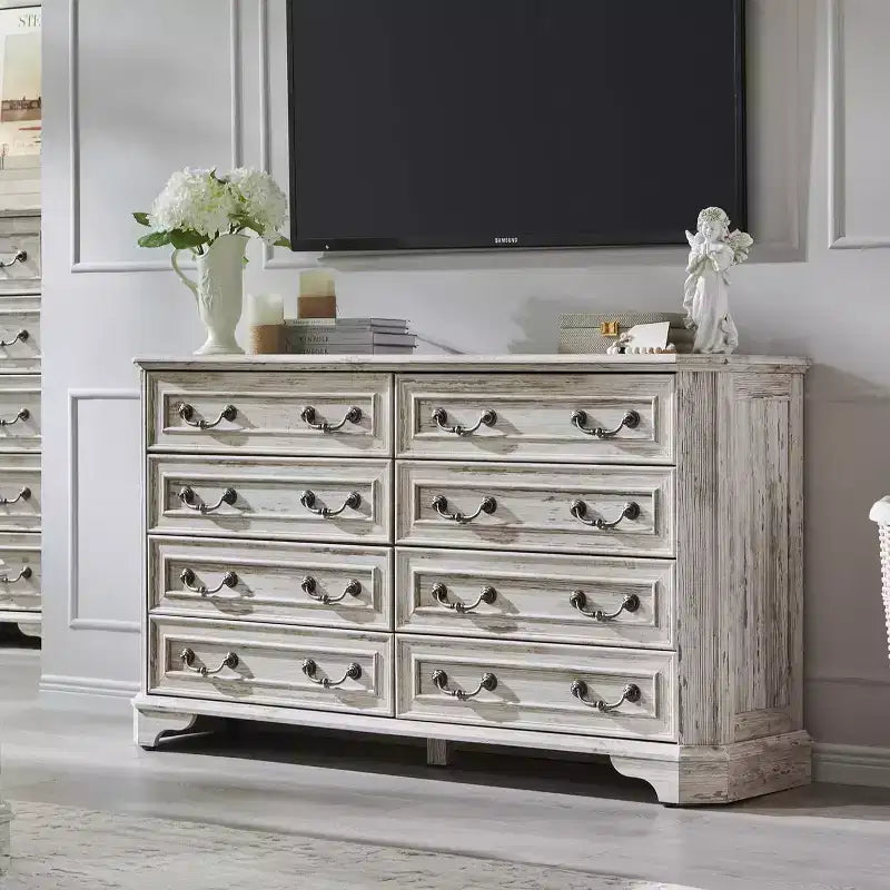 Commode rustique en bois à 8 tiroirs, style fermier, 137 cm de large, avec texture naturelle et design vintage