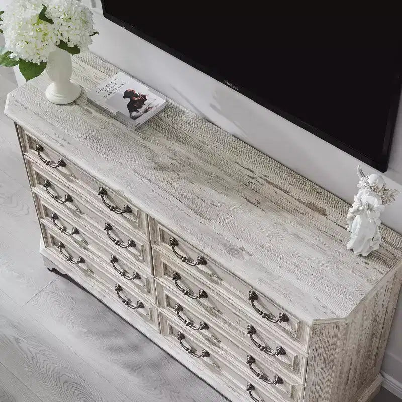 Commode rustique en bois à 8 tiroirs, style fermier, 137 cm de large, avec texture naturelle et design vintage