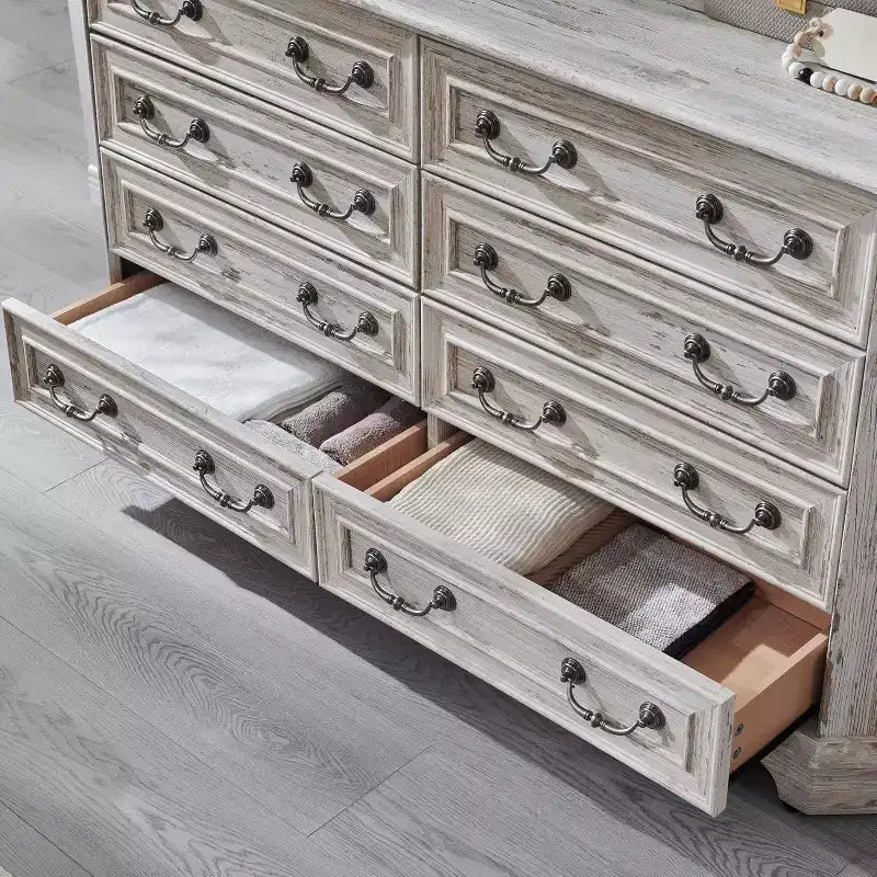Commode rustique en bois à 8 tiroirs, style fermier, 137 cm de large, avec texture naturelle et design vintage