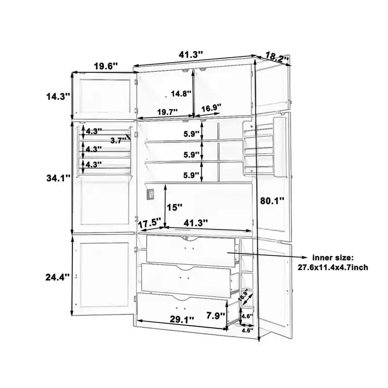 Grand garde-manger de cuisine autoportant de 203,2 cm de haut avec buffet et grand placard de rangement
