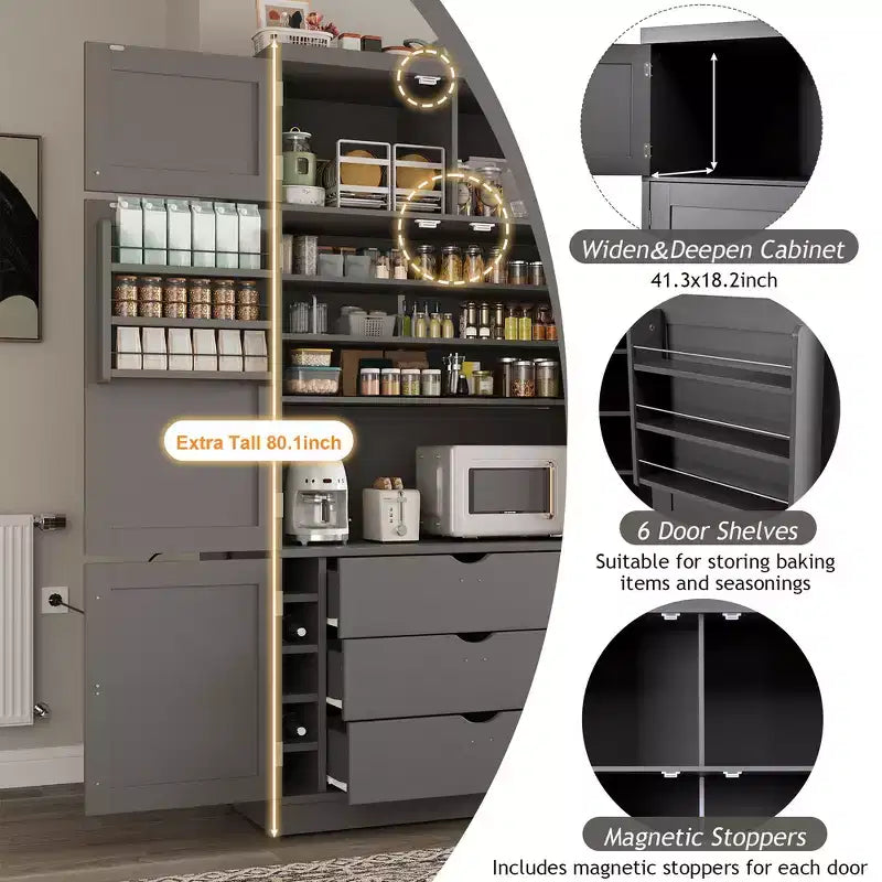 Grand garde-manger de cuisine autoportant de 203,2 cm de haut avec buffet et grand placard de rangement