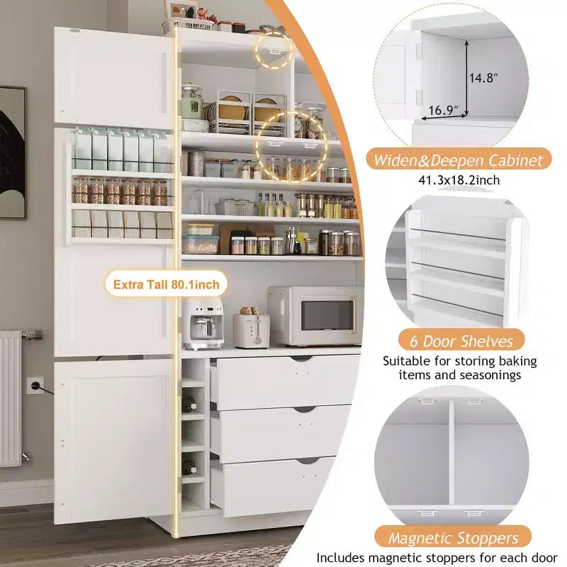 Grand garde-manger de cuisine autoportant de 203,2 cm de haut avec buffet et grand placard de rangement