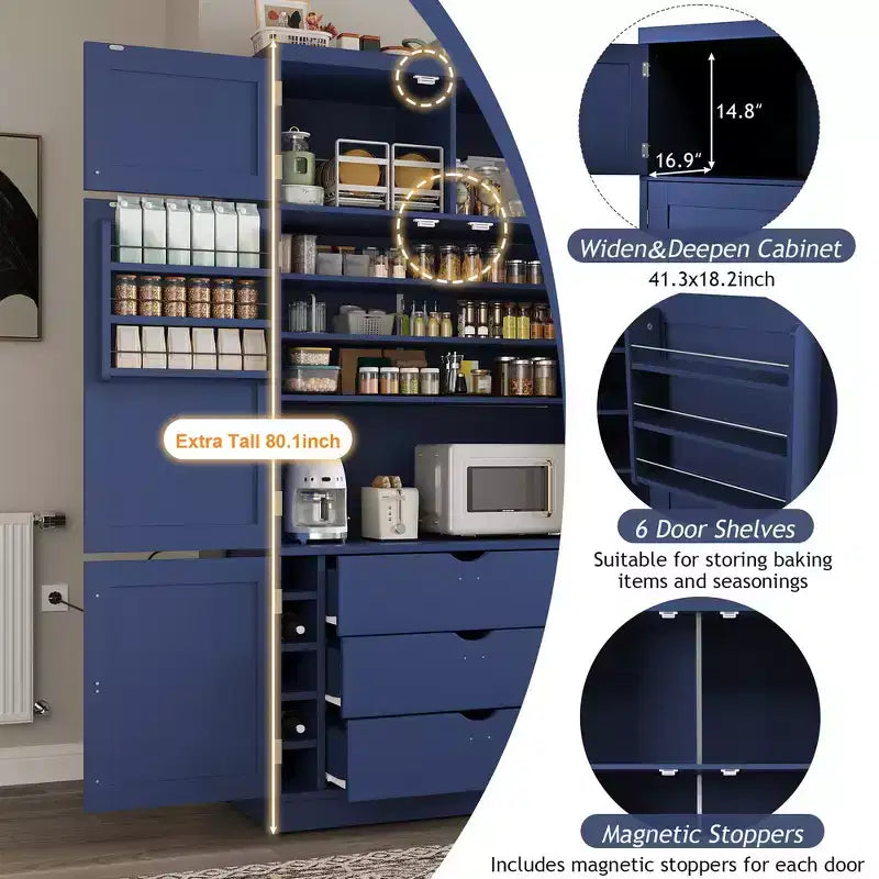 Grand garde-manger de cuisine autoportant de 203,2 cm de haut avec buffet et grand placard de rangement