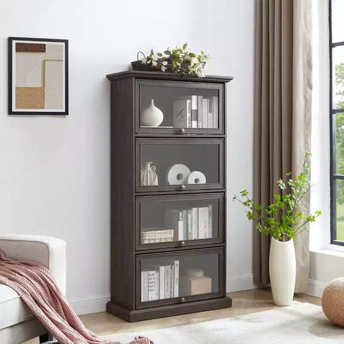 4-Tier Barrister Bookcase with Flip-Up Glass Doors, 63 Tall Display Cabinet for Collectibles, Figures - Panipeachy