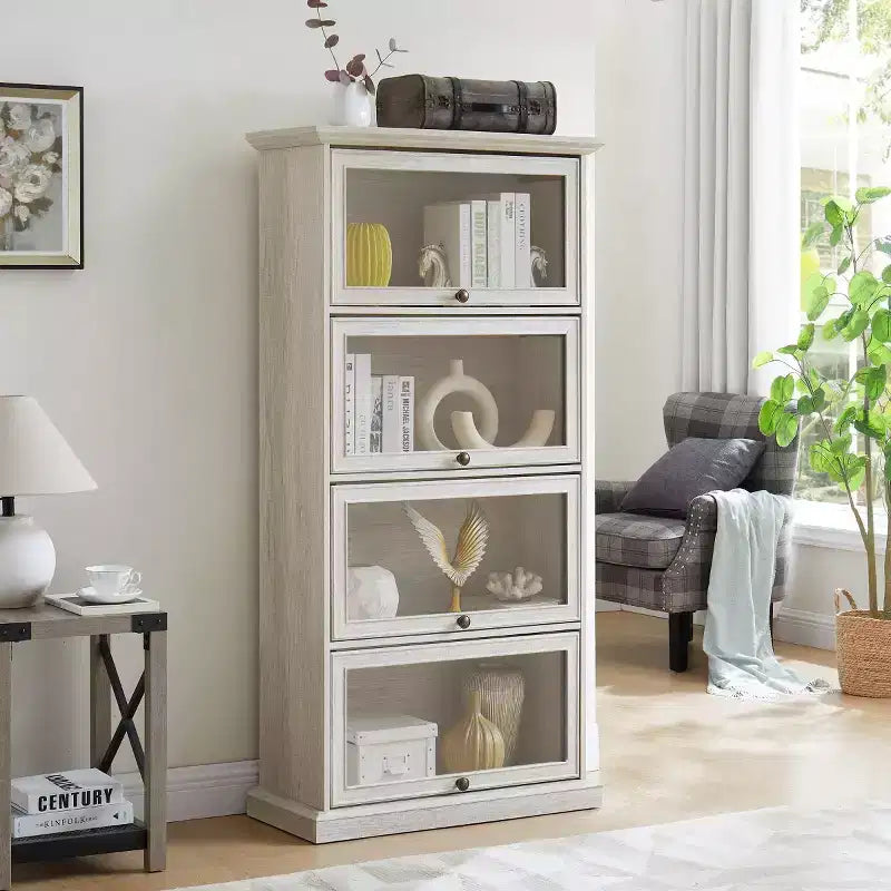 Bibliothèque vitrée à 4 niveaux avec portes en verre basculantes, vitrine de 160 cm de haut pour objets de collection et figurines