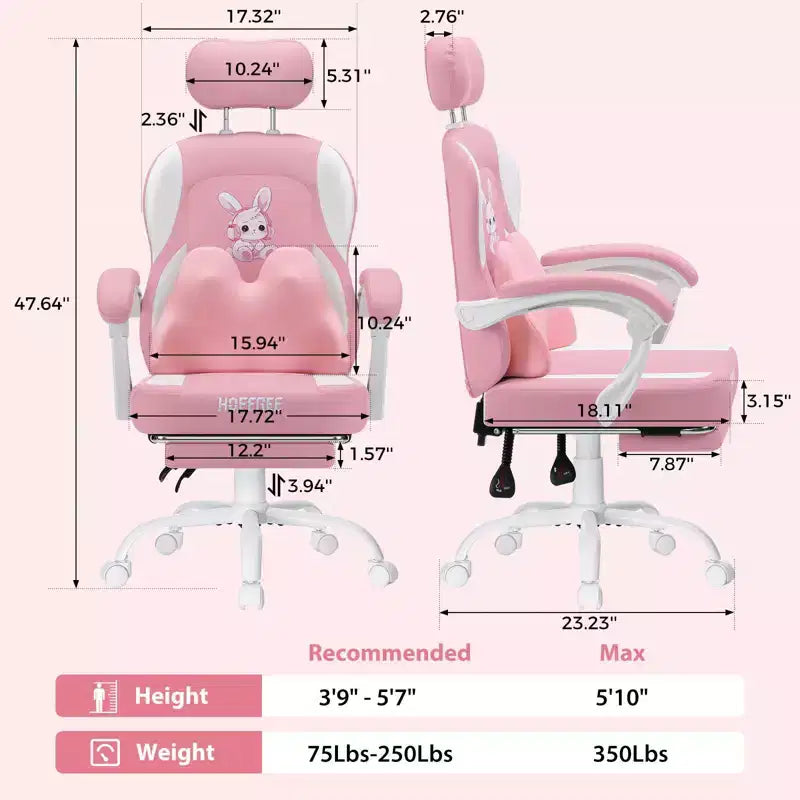 Chaise de jeu lapin pour enfants avec coussin massant et repose-pieds, réglable et ergonomique, design kawaii mignon pour les 8-14 ans
