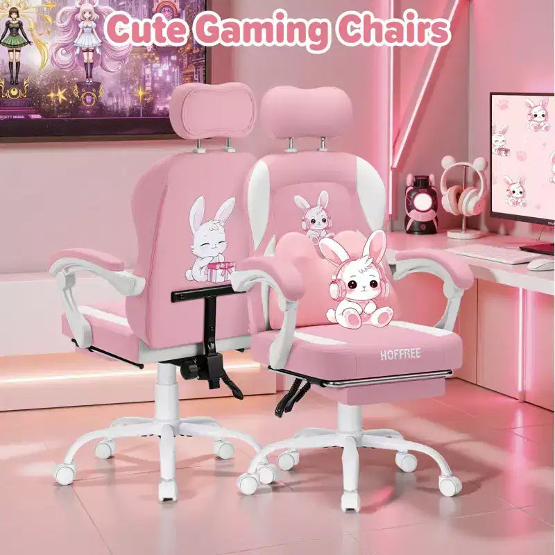 Chaise de jeu lapin pour enfants avec coussin massant et repose-pieds, réglable et ergonomique, design kawaii mignon pour les 8-14 ans