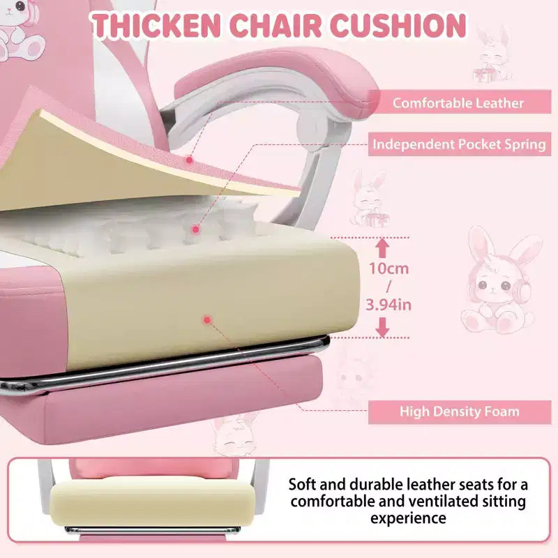 Chaise de jeu lapin pour enfants avec coussin massant et repose-pieds, réglable et ergonomique, design kawaii mignon pour les 8-14 ans