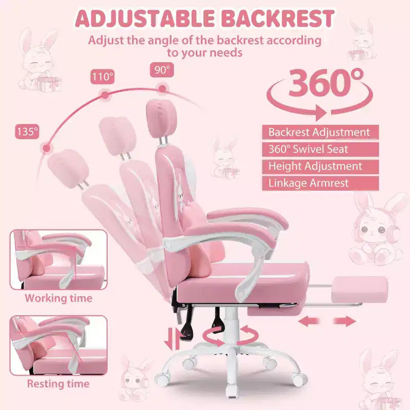Chaise de jeu lapin pour enfants avec coussin massant et repose-pieds, réglable et ergonomique, design kawaii mignon pour les 8-14 ans