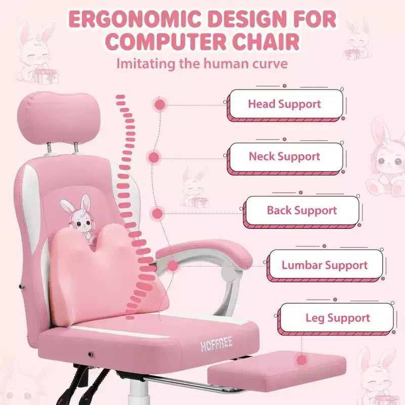 Chaise de jeu lapin pour enfants avec coussin massant et repose-pieds, réglable et ergonomique, design kawaii mignon pour les 8-14 ans