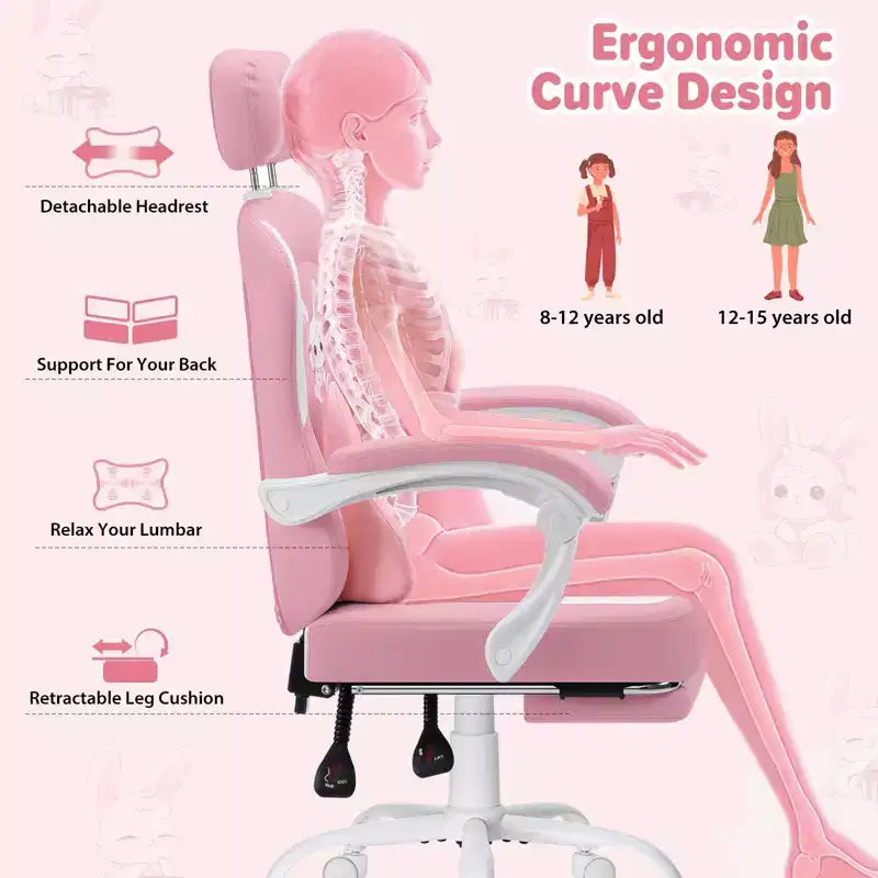 Chaise de jeu lapin pour enfants avec coussin massant et repose-pieds, réglable et ergonomique, design kawaii mignon pour les 8-14 ans