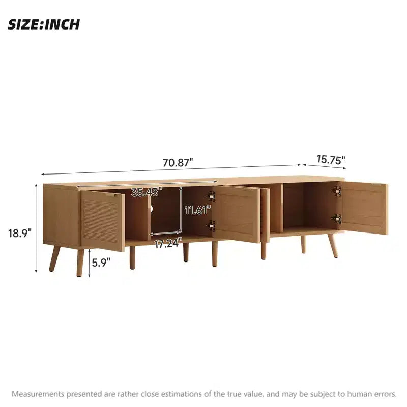 Meuble TV Boho de 70" pour téléviseurs de 80", avec portes en rotin et passe-câbles