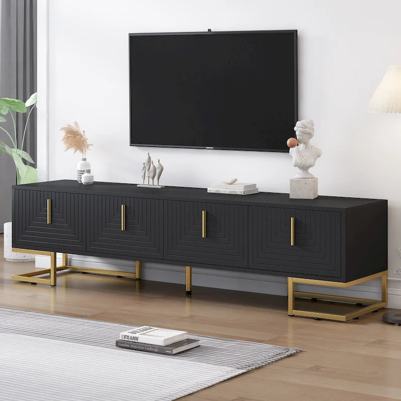 Meuble TV Noir+Doré 70,8" avec poignées et placards dorés pour téléviseurs de 80"