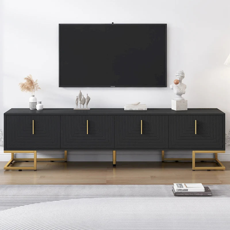 Meuble TV Noir+Doré 70,8" avec poignées et placards dorés pour téléviseurs de 80"