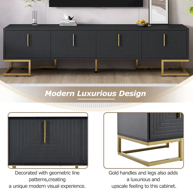 Meuble TV Noir+Doré 70,8" avec poignées et placards dorés pour téléviseurs de 80"