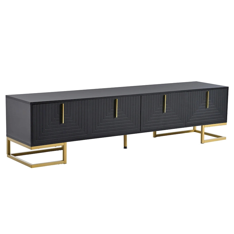 Meuble TV Noir+Doré 70,8" avec poignées et placards dorés pour téléviseurs de 80"