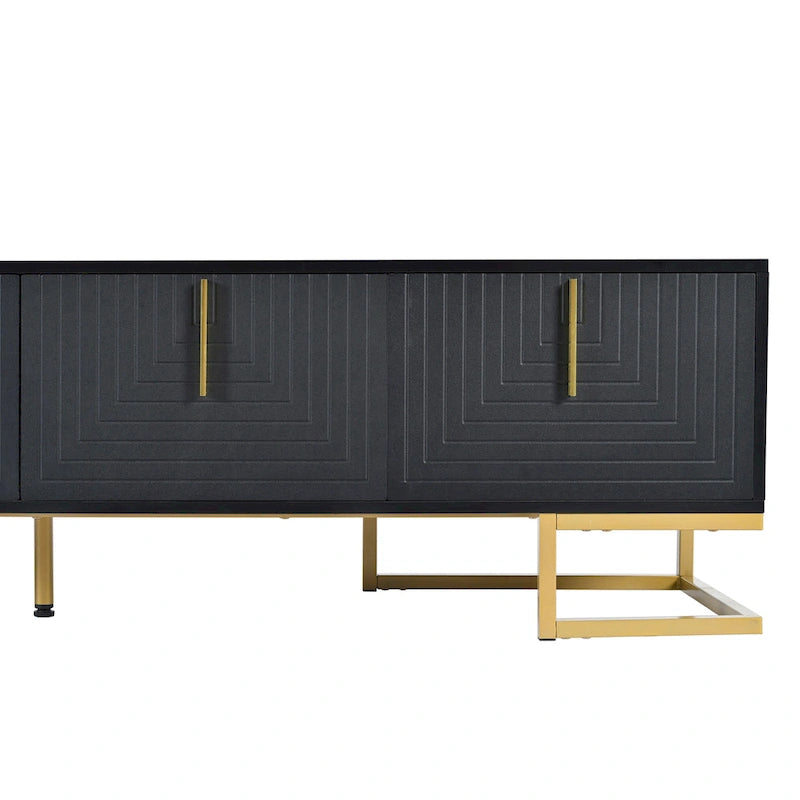 Meuble TV Noir+Doré 70,8" avec poignées et placards dorés pour téléviseurs de 80"