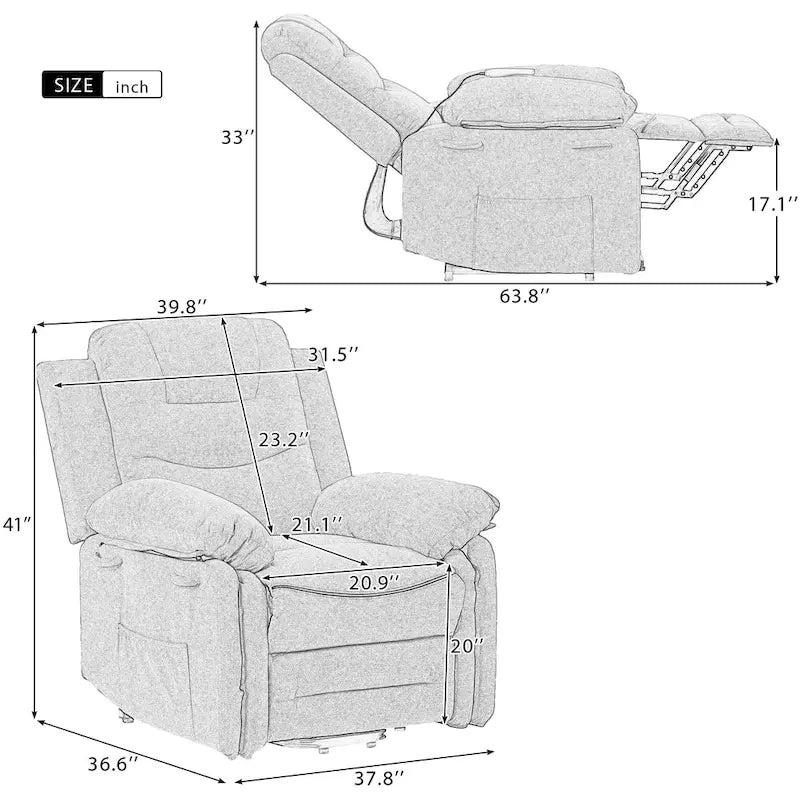 Fauteuil inclinable de massage pour seniors - Inclinaison motorisée, massage réglable, fonctions chauffantes, inclinaison à position infinie et poche latérale.
