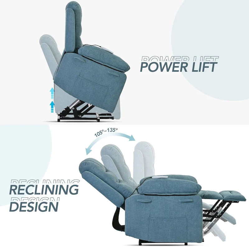 Fauteuil inclinable de massage pour seniors - Inclinaison motorisée, massage réglable, fonctions chauffantes, inclinaison à position infinie et poche latérale.