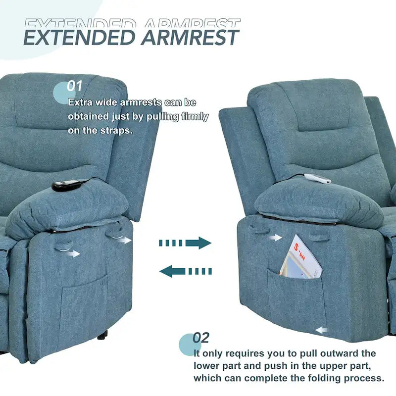 Fauteuil inclinable de massage pour seniors - Inclinaison motorisée, massage réglable, fonctions chauffantes, inclinaison à position infinie et poche latérale.