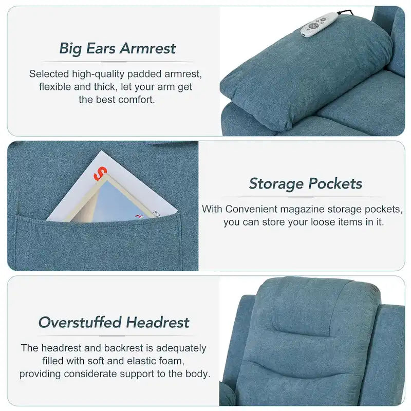 Fauteuil inclinable de massage pour seniors - Inclinaison motorisée, massage réglable, fonctions chauffantes, inclinaison à position infinie et poche latérale.