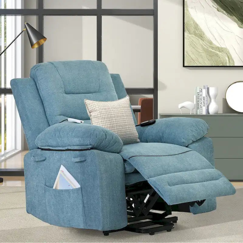 Fauteuil inclinable de massage pour seniors - Inclinaison motorisée, massage réglable, fonctions chauffantes, inclinaison à position infinie et poche latérale.