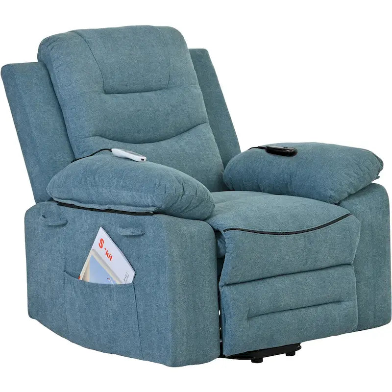 Fauteuil inclinable de massage pour seniors - Inclinaison motorisée, massage réglable, fonctions chauffantes, inclinaison à position infinie et poche latérale.