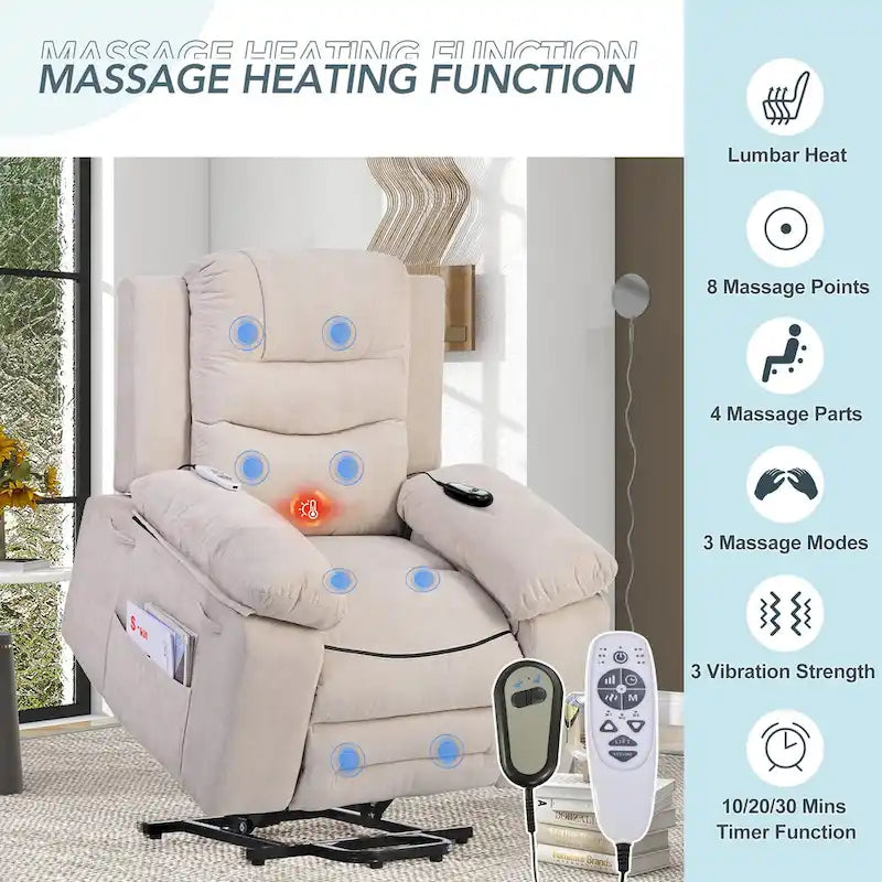 Fauteuil inclinable de massage pour seniors - Inclinaison motorisée, massage réglable, fonctions chauffantes, inclinaison à position infinie et poche latérale.