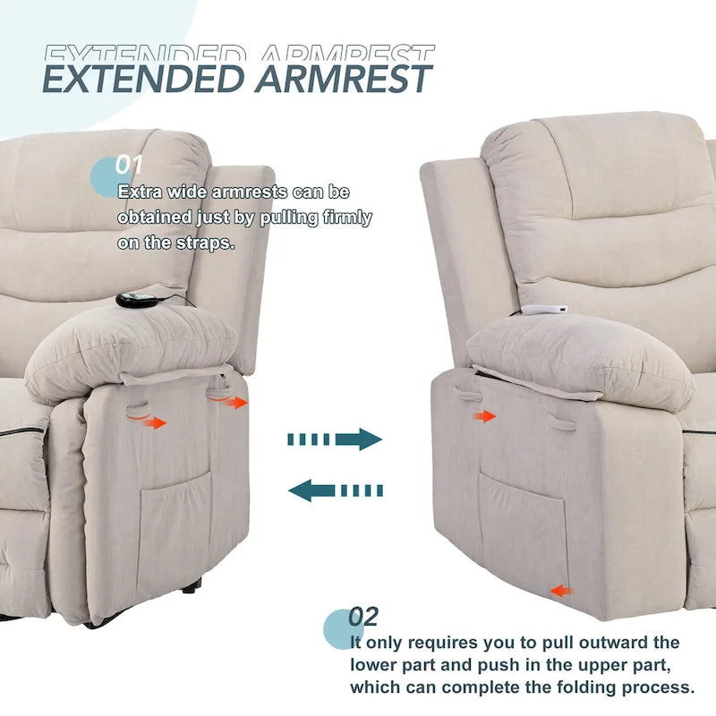 Fauteuil inclinable de massage pour seniors - Inclinaison motorisée, massage réglable, fonctions chauffantes, inclinaison à position infinie et poche latérale.