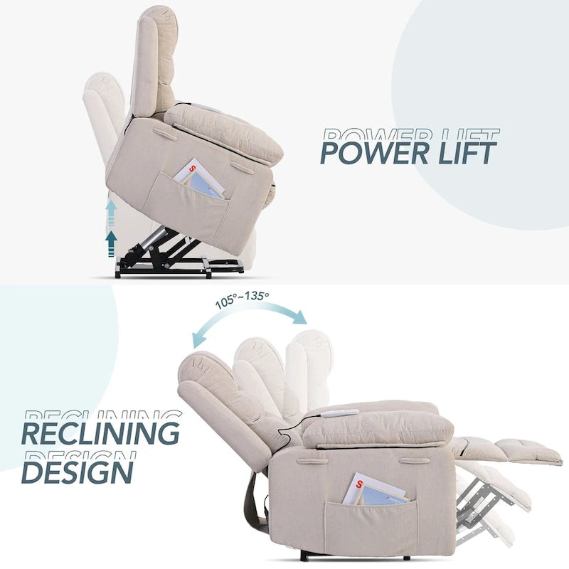 Fauteuil inclinable de massage pour seniors - Inclinaison motorisée, massage réglable, fonctions chauffantes, inclinaison à position infinie et poche latérale.