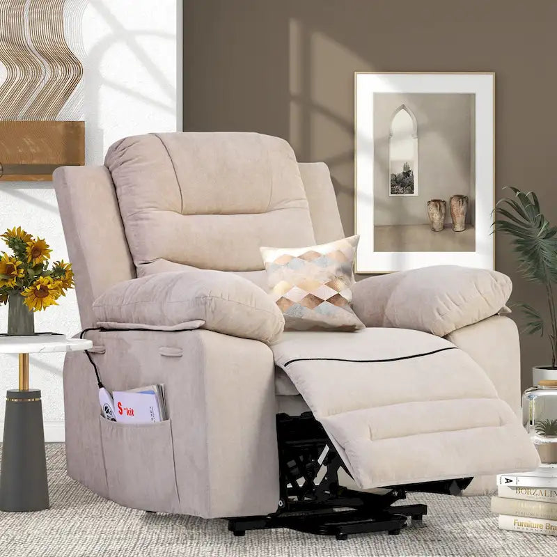 Fauteuil inclinable de massage pour seniors - Inclinaison motorisée, massage réglable, fonctions chauffantes, inclinaison à position infinie et poche latérale.