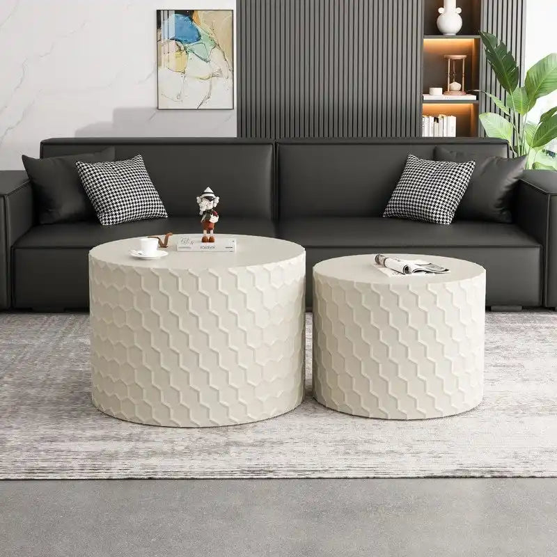 Ensemble de tables basses gigognes élégantes et minimalistes avec motif nid d'abeille, table basse ronde moderne, table basse circulaire en forme de tambour