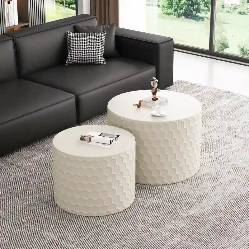 Ensemble de tables basses gigognes élégantes et minimalistes avec motif nid d'abeille, table basse ronde moderne, table basse circulaire en forme de tambour