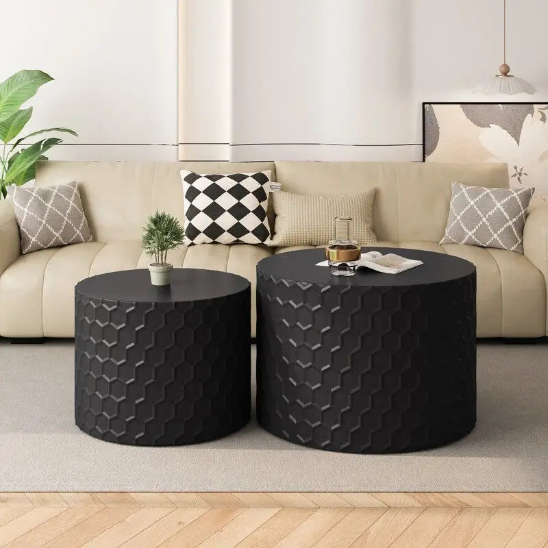 Ensemble de tables basses gigognes élégantes et minimalistes avec motif nid d'abeille, table basse ronde moderne, table basse circulaire en forme de tambour