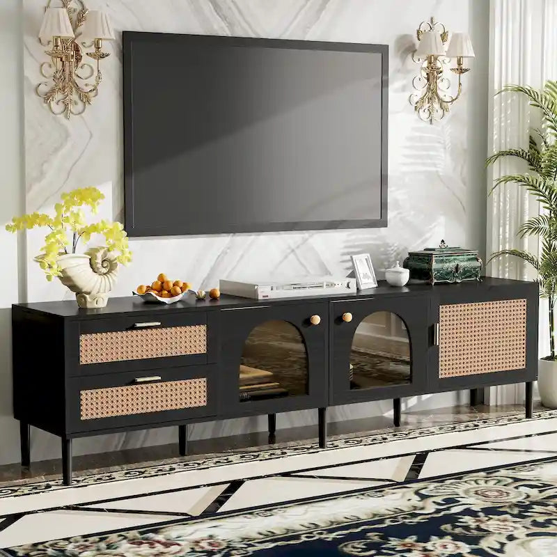 Meuble TV en rotin avec 3 armoires et 2 tiroirs, Table console multimédia pour téléviseurs jusqu'à 80 pouces, Meuble TV avec lumière LED pour salon