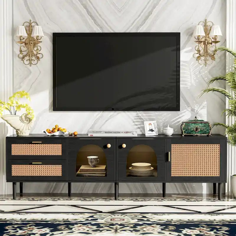 Meuble TV en rotin avec 3 armoires et 2 tiroirs, Table console multimédia pour téléviseurs jusqu'à 80 pouces, Meuble TV avec lumière LED pour salon