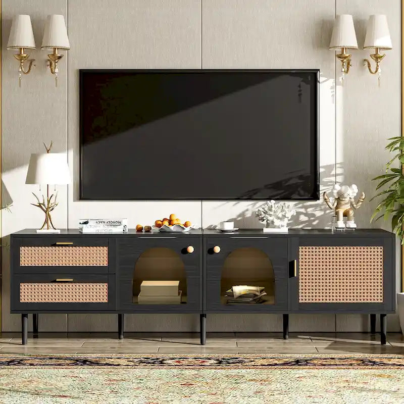 Meuble TV en rotin avec 3 armoires et 2 tiroirs, Table console multimédia pour téléviseurs jusqu'à 80 pouces, Meuble TV avec lumière LED pour salon